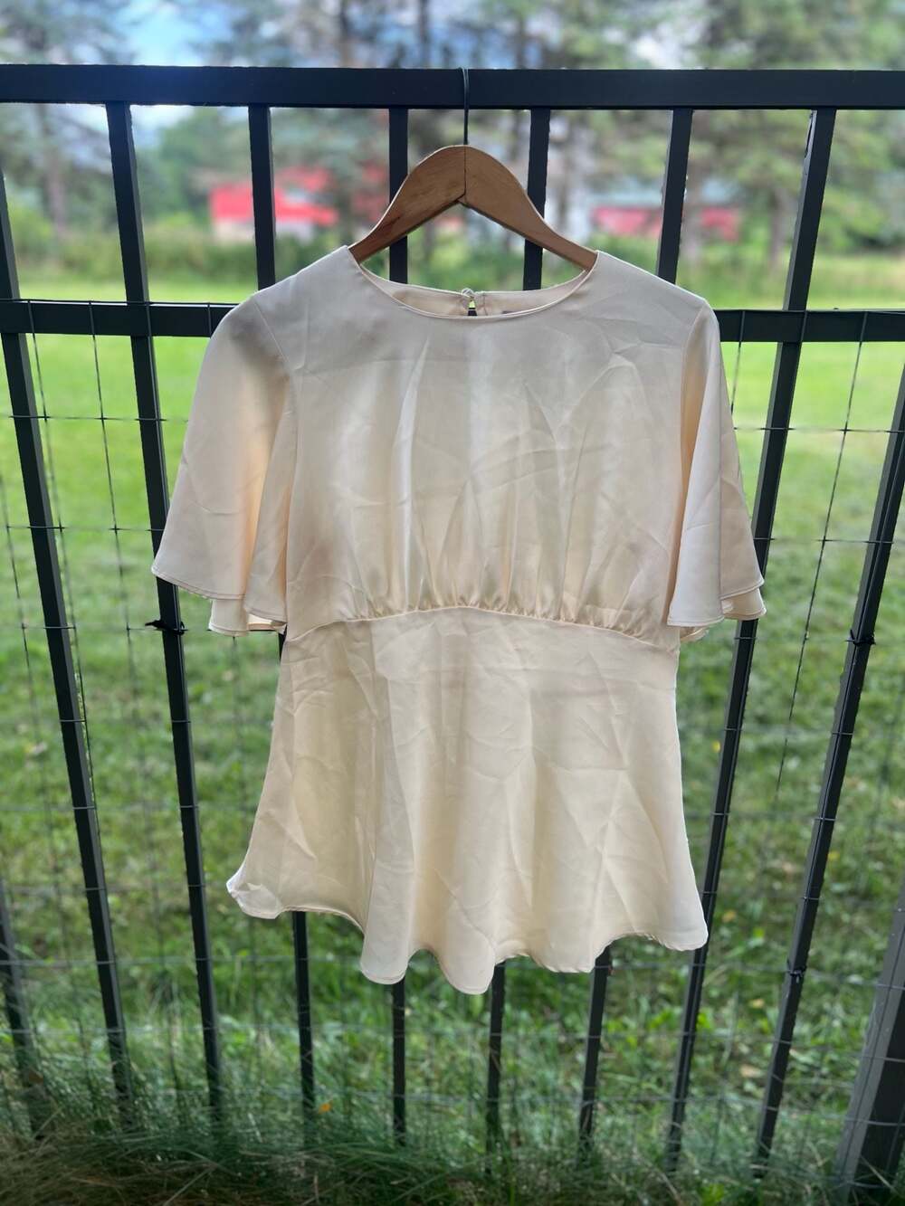 ASOS Design Satin Flutter Sleeve Blouse in Buttermilk Cream